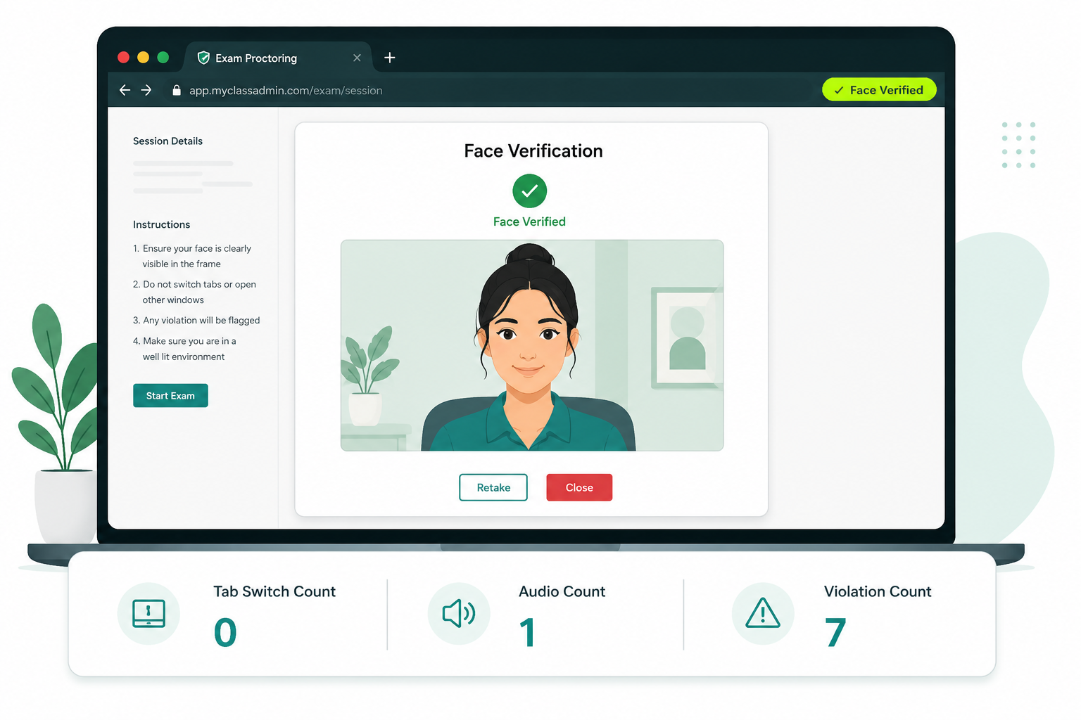 Illustration of MyClassAdmin's AI proctoring face verification screen and violation stat summary